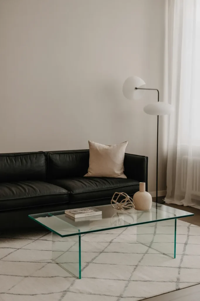 Black Sofa with Glass Coffee Table