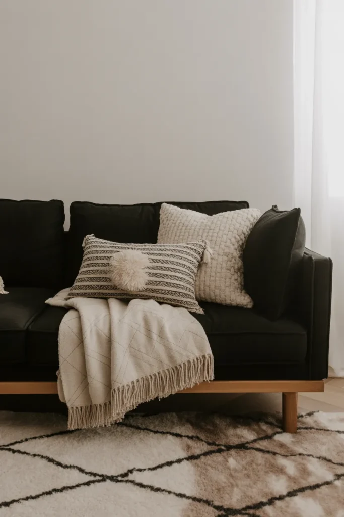 Black Sofa with Layered Textures