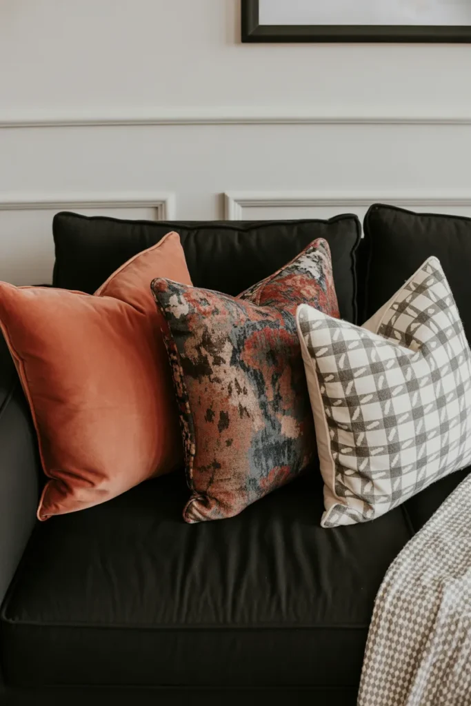 Black Sofa with Patterned Throw Pillows