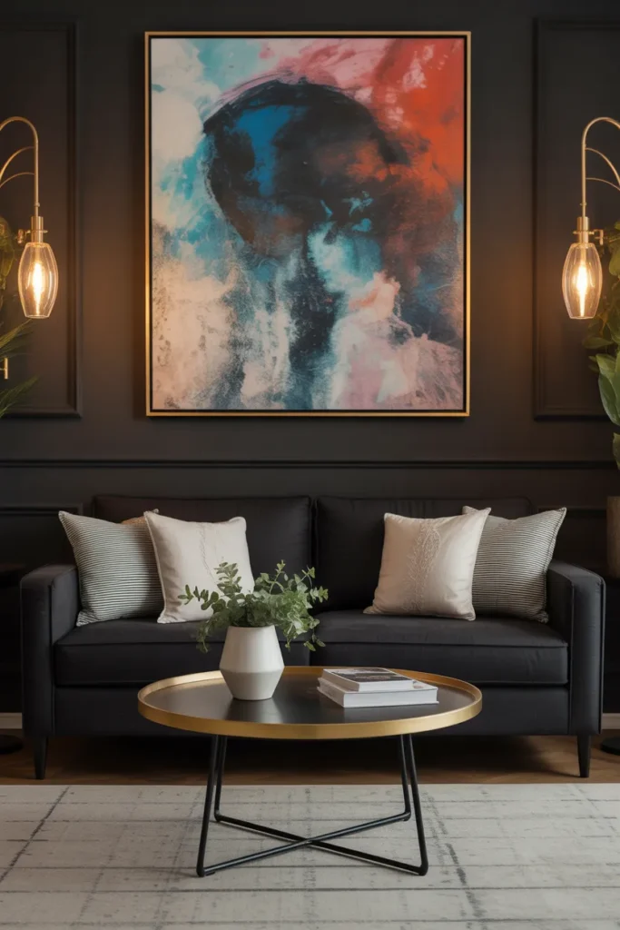 Black Sofa with Statement Artwork
