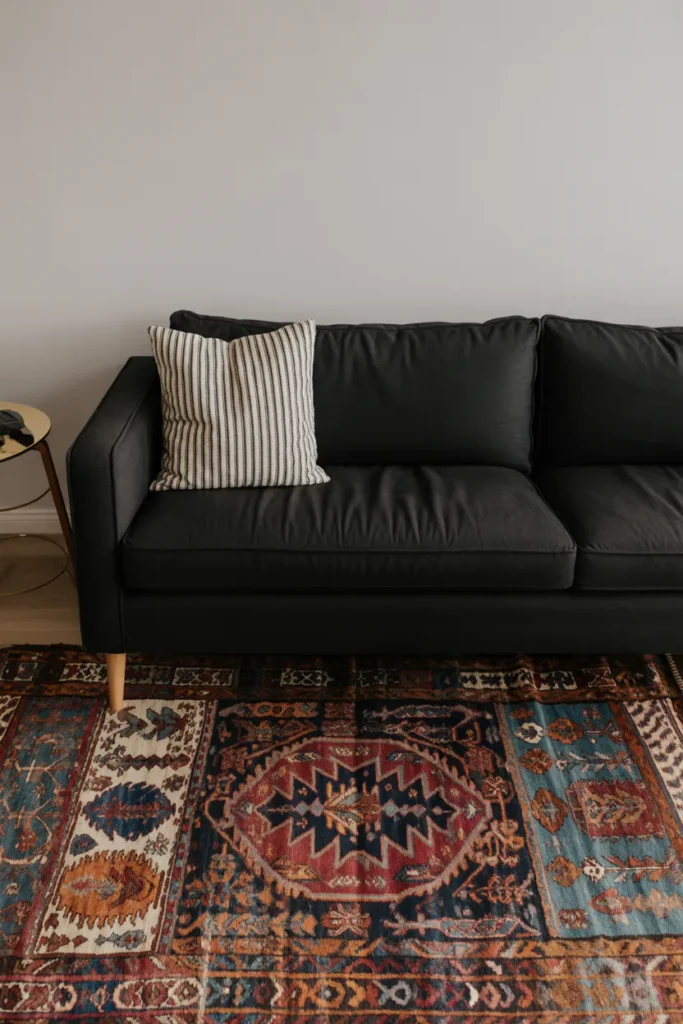  Black Sofa with a Colorful Rug