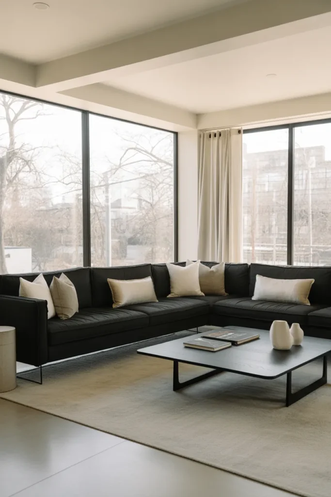 Contemporary Living Room with a Sectional Black Sofa