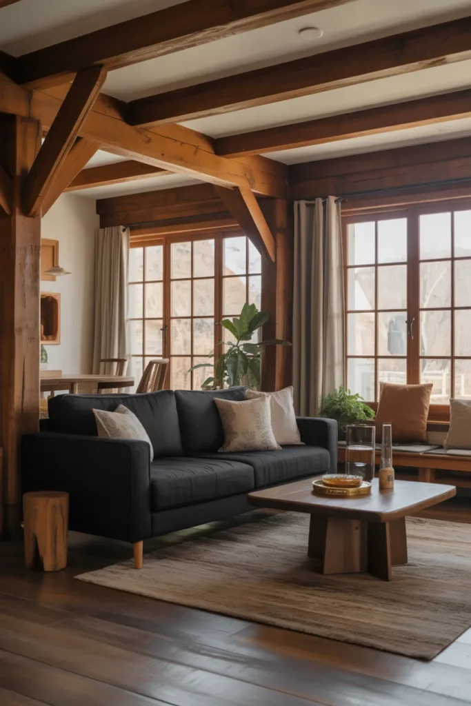 Cozy Black Sofa with Rustic Wood Accents