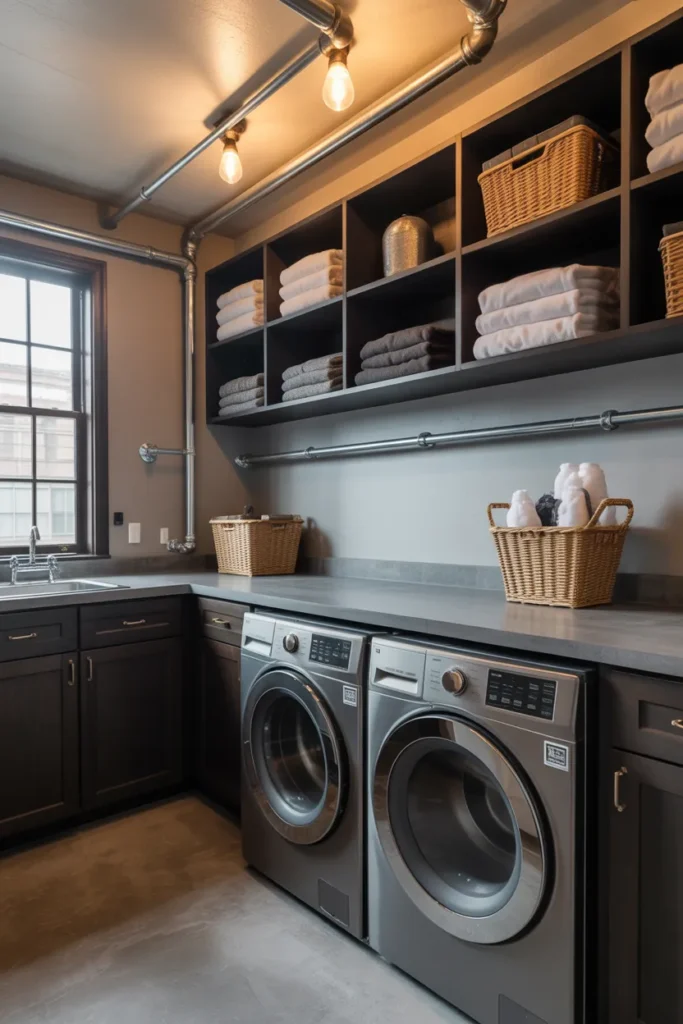 Industrial-Style Laundry Room with Exposed Pipes
