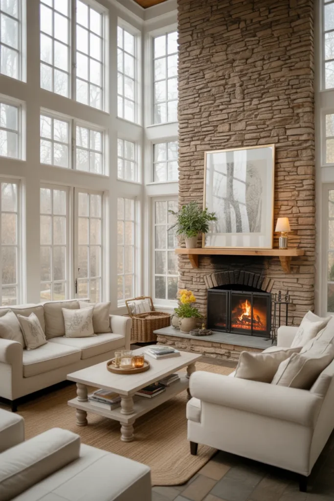 Sunroom with a Fireplace Feature