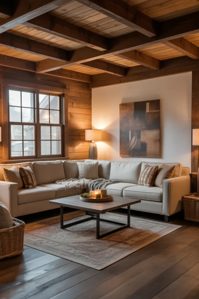 Warm Rustic Basement with Wooden Accents