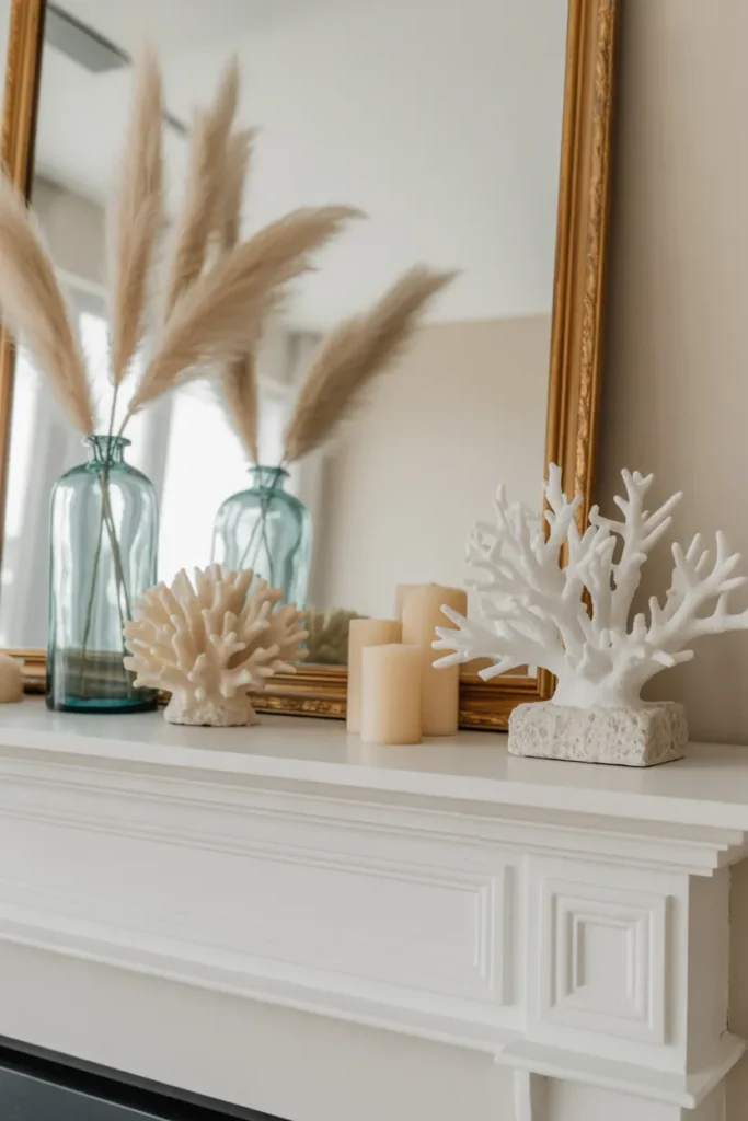 Beachy White Mantel with Coral Accents
