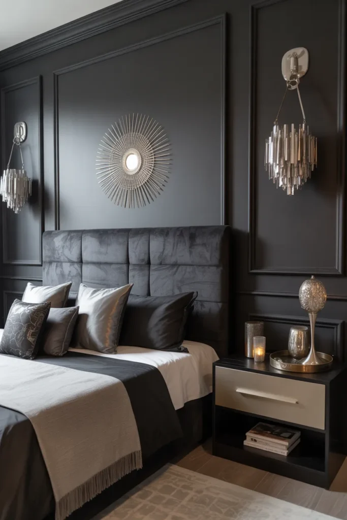 Black Bedroom with Metallic Accents