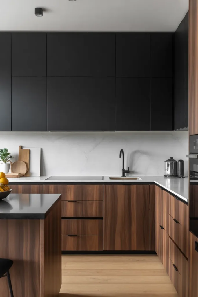 Black and Wood Cabinets for Modern Warmth