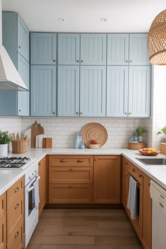 Blue and Wood Cabinets for Coastal Warmth