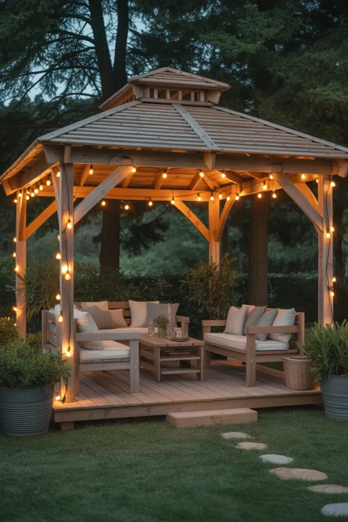 Cozy Wooden Gazebo with String Lights