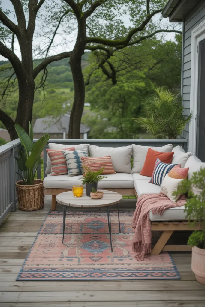 Deck with Outdoor Rug and Textiles