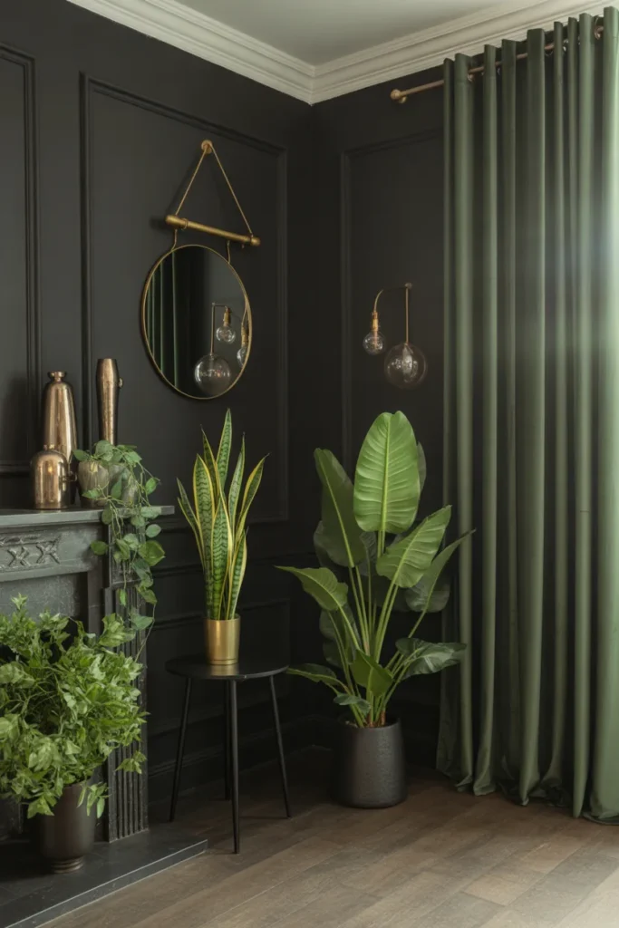 Moody Black Bedroom with Green Accents