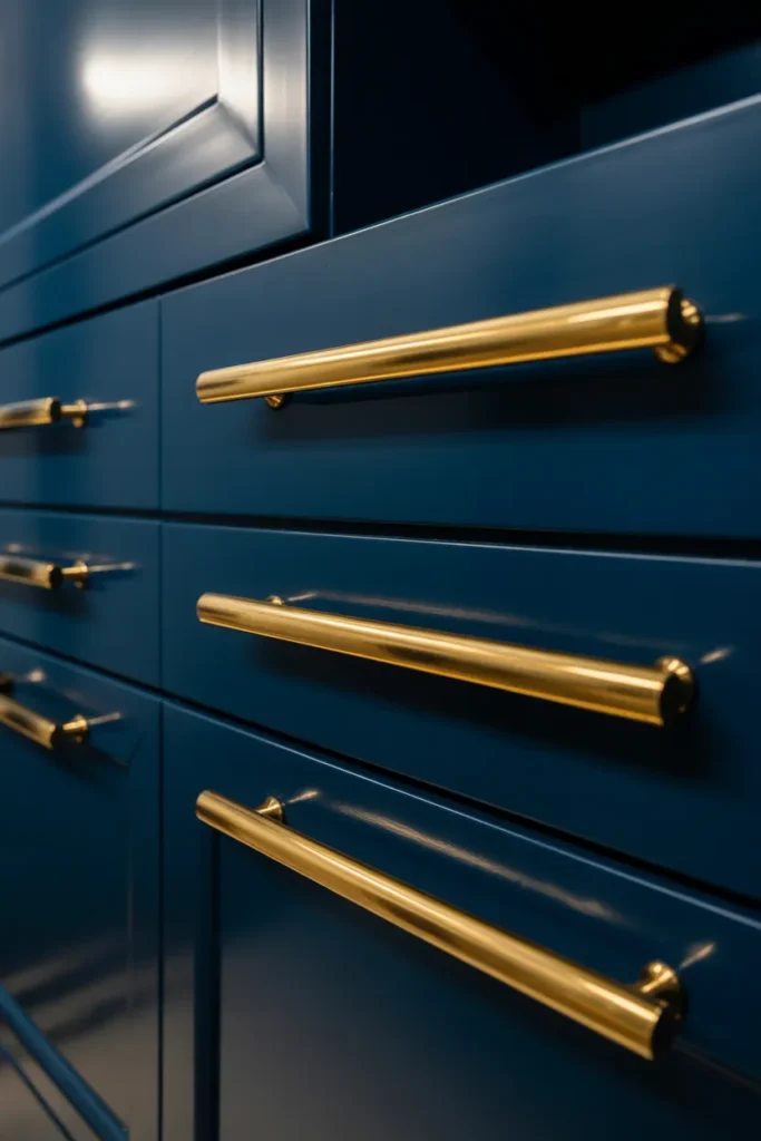  Moody Blue Cabinets with Brass Accents