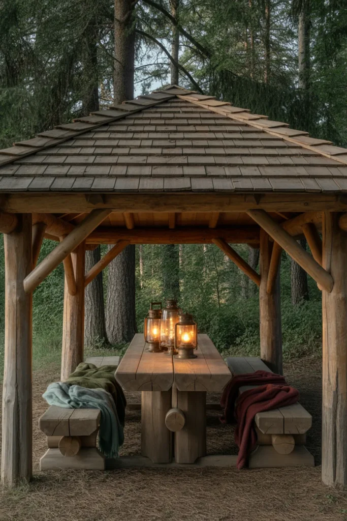 Rustic Log Gazebo in the Woods