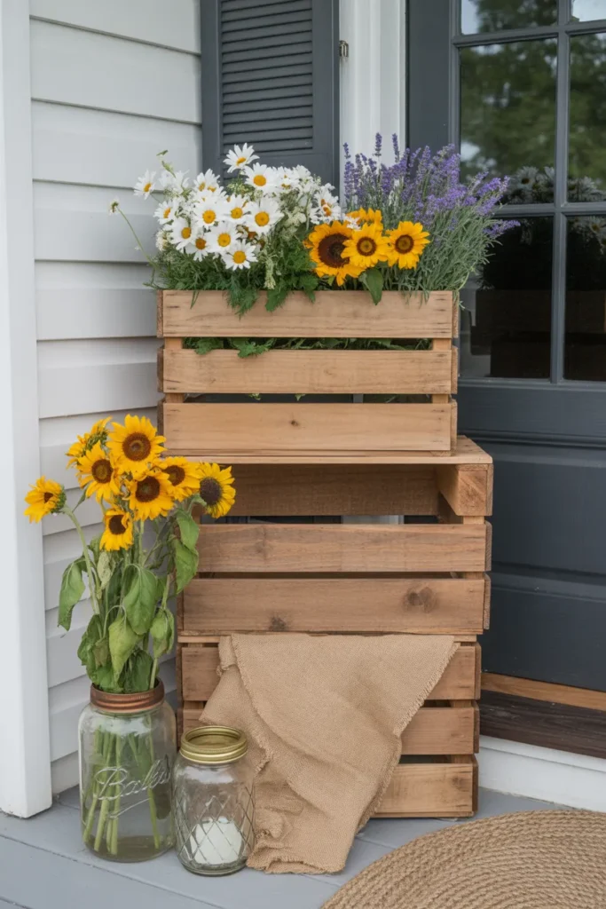 Rustic Wooden Crates with Wildflowers