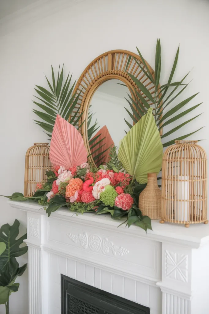 Tropical-Inspired Mantel with Bright Blooms