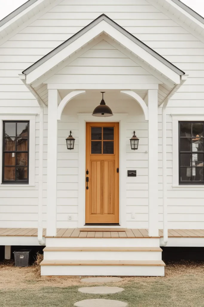 White Farmhouse with Natural Wood Door