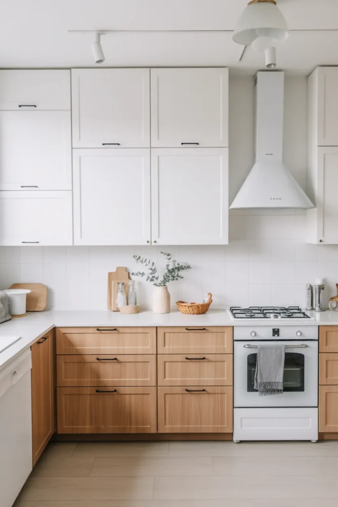 White and Light Wood Cabinets for Scandinavian Simplicity