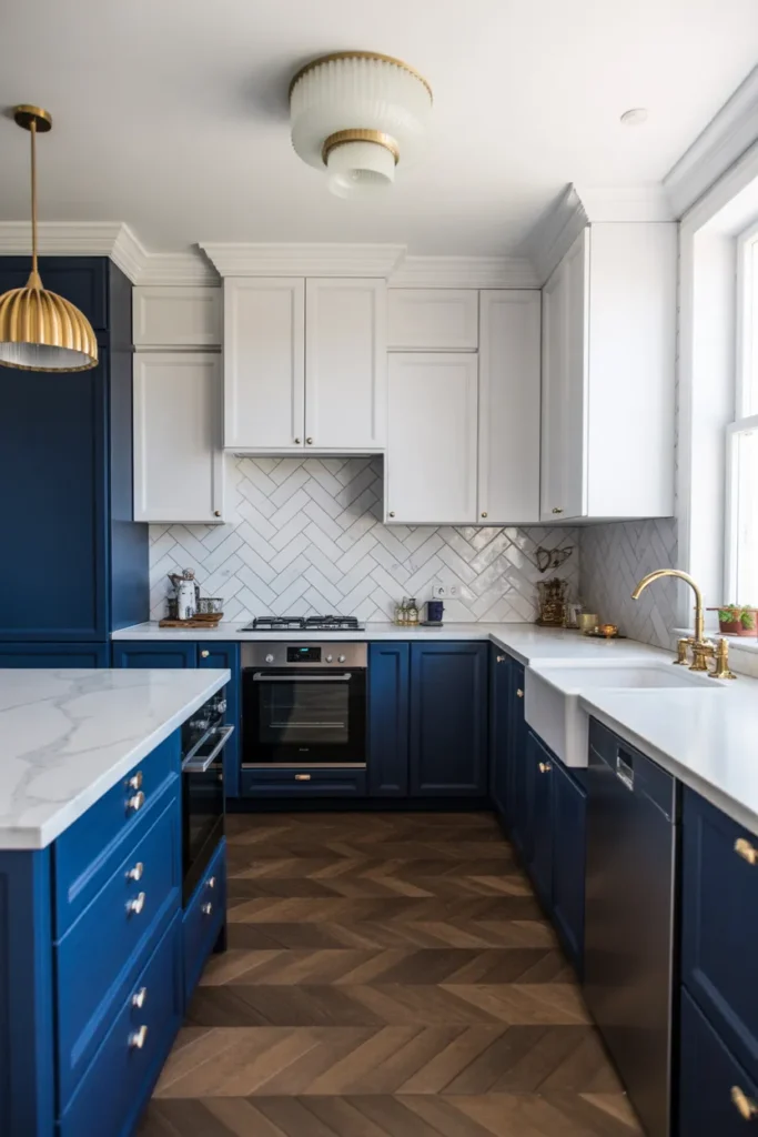 White and Navy Cabinets with Gold Accents
