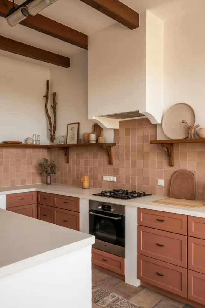 White and Terracotta Cabinets for Warm Mediterranean Flair