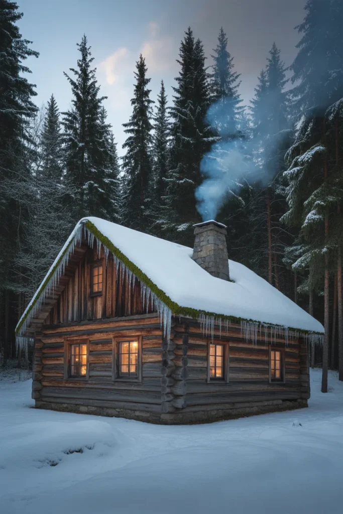 Snow-Kissed Log Cabin with Evergreen Accents