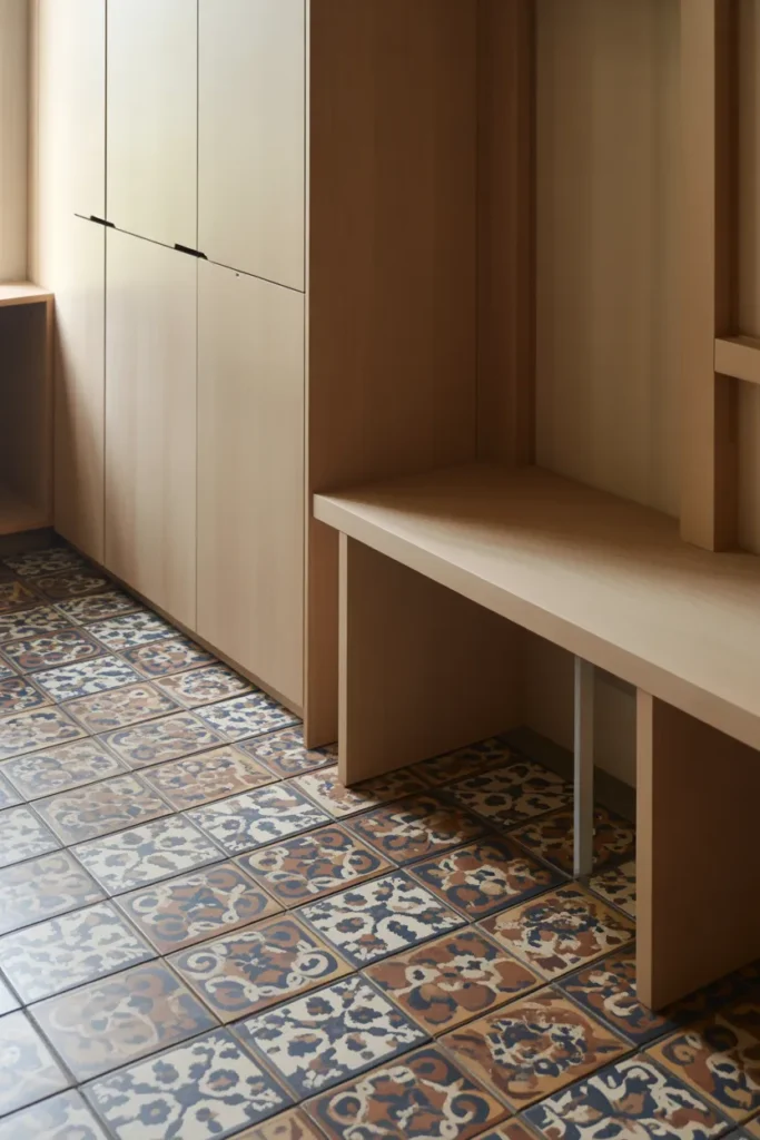  Elegant Mudroom with Decorative Tile Flooring