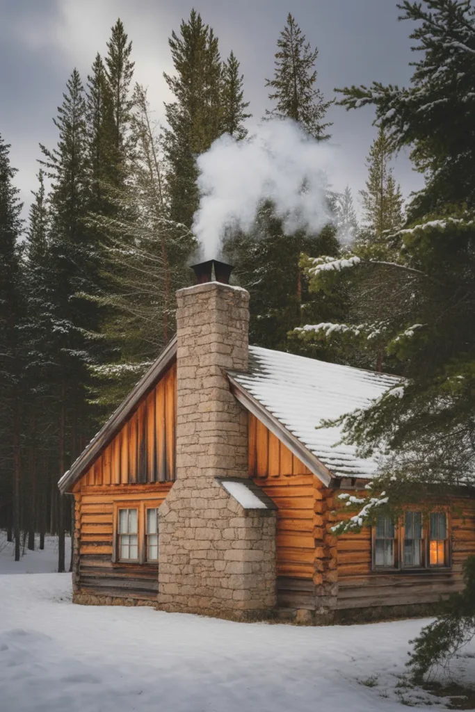 Cabin with Snowy Stone Chimney