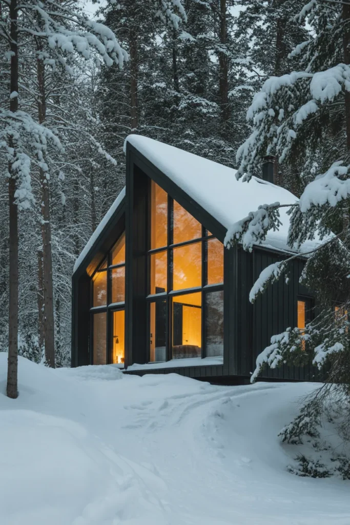Black Cabin with Warm Window Glow