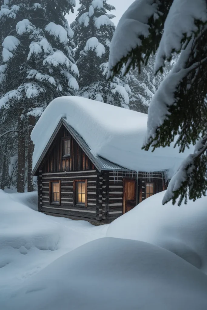 Cabin Surrounded by Heavy Snowfall