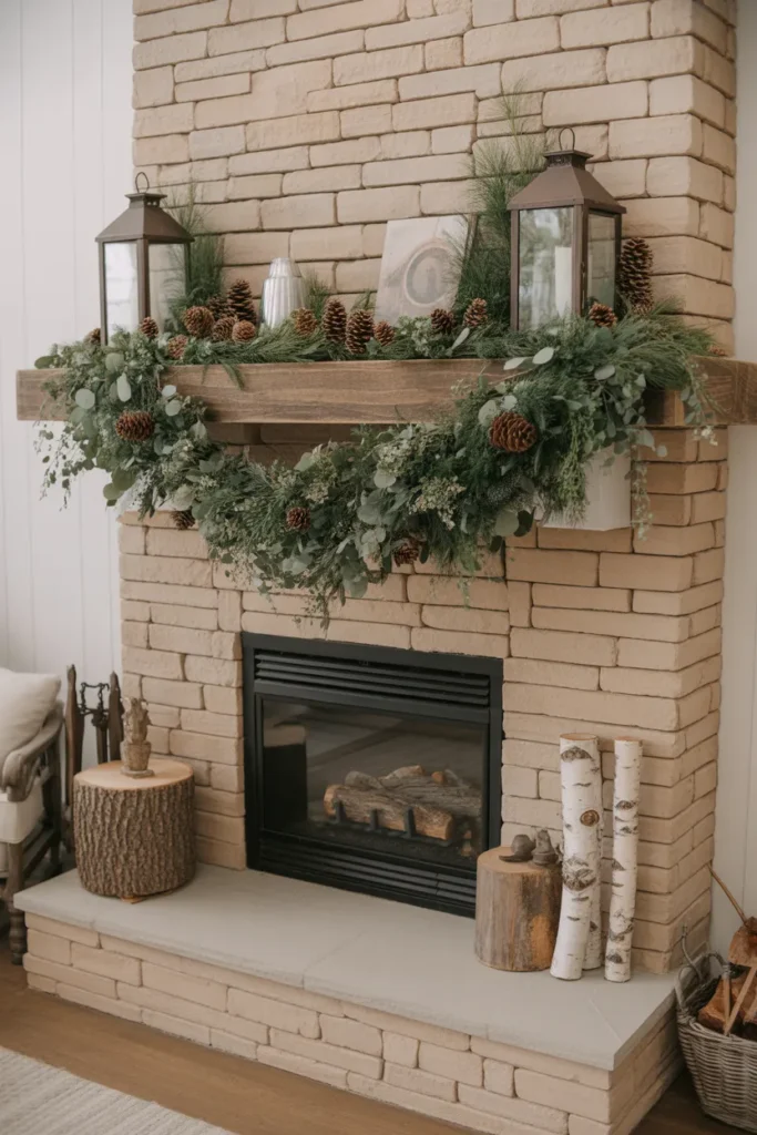 Woodland-Inspired Fireplace with Greenery and Pinecones