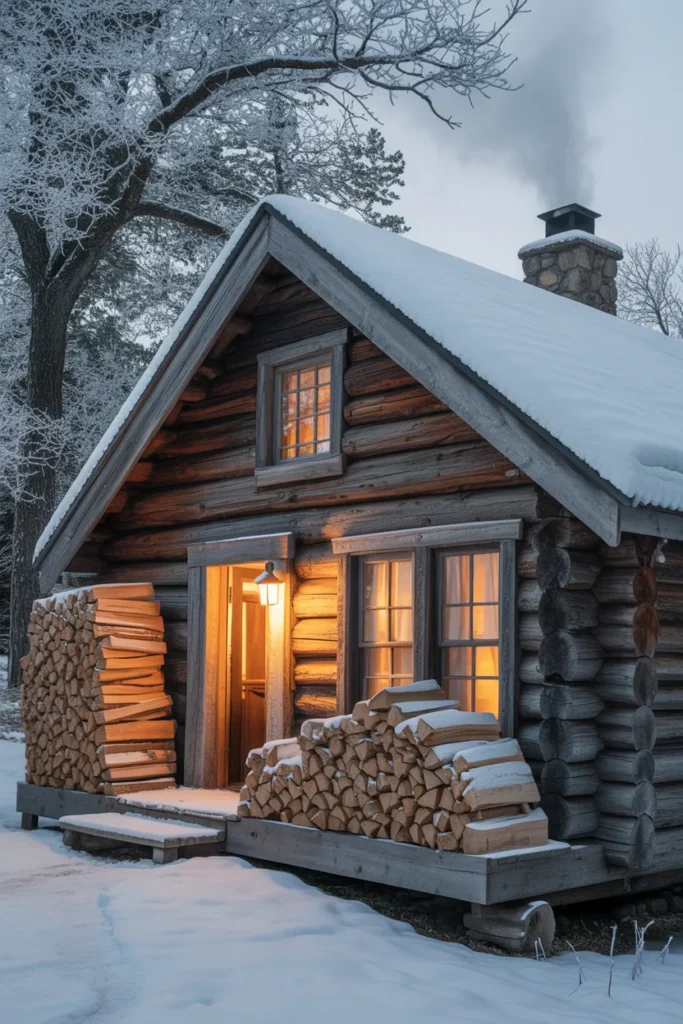 Rustic Cabin with Firewood Stacked Outside