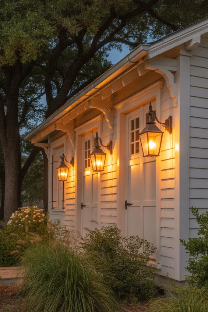  Farmhouse Exterior with Lantern-Style Lighting