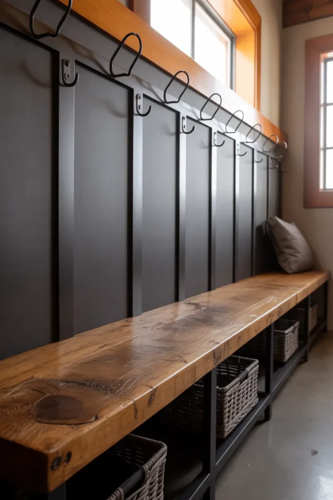  Industrial-Style Mudroom with Metal Hooks
