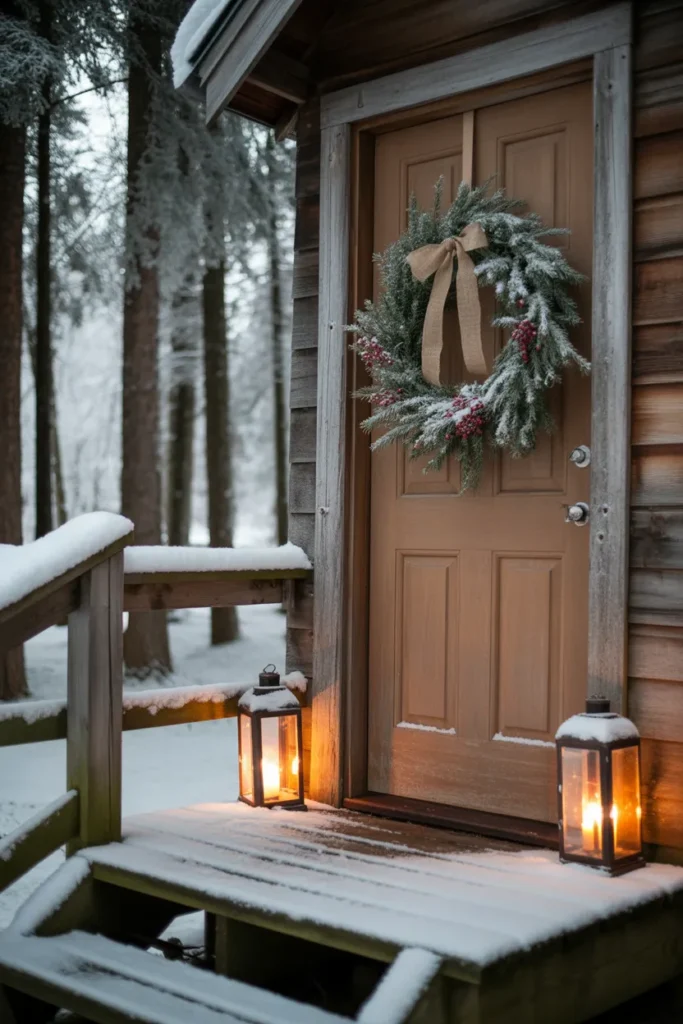 Cabin with Snowy Pine Wreath on the Door