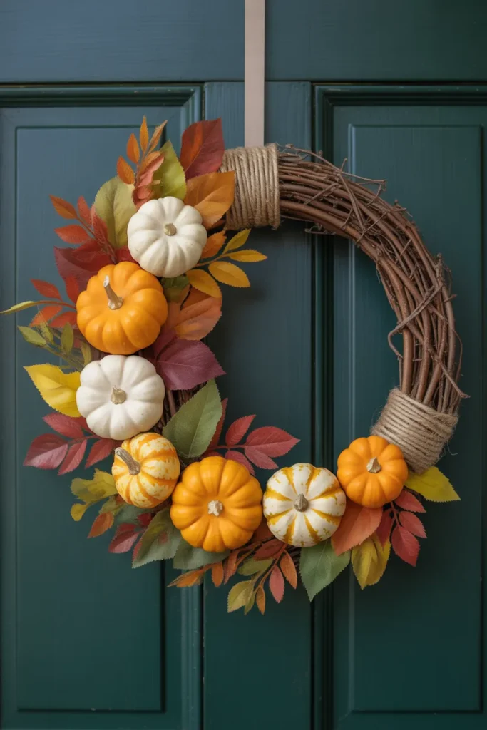 Harvest Pumpkin and Leaf Wreath