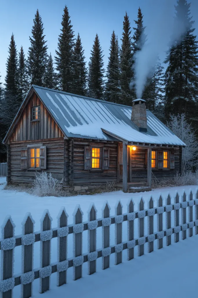 Rustic Cabin with Snowy Wooden Fence