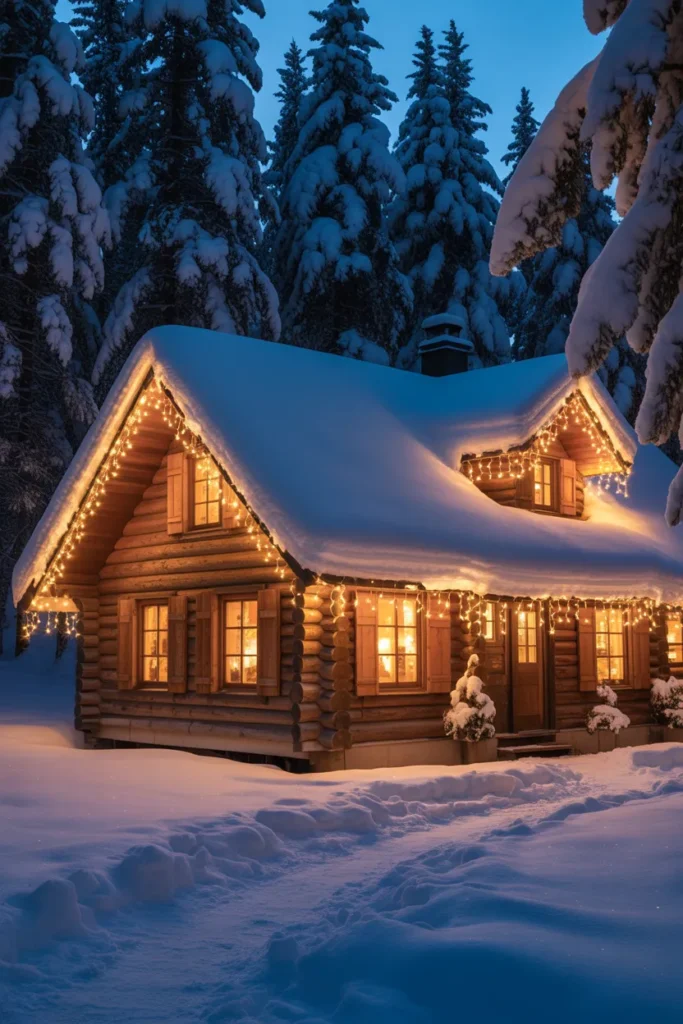 Cabin with Icicle-Lit Roof Edges