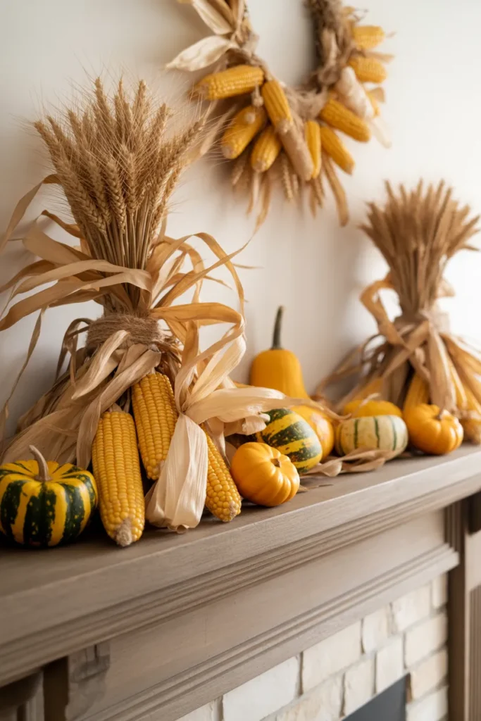 Harvest Mantel with Corn Husks and Gourds