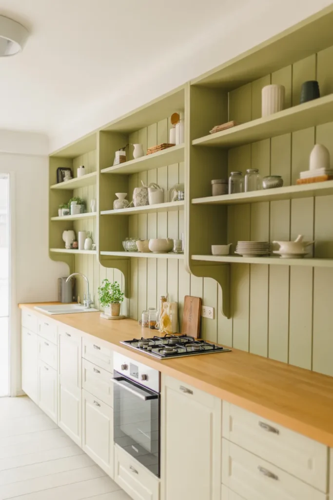 Soft Green Open Shelving