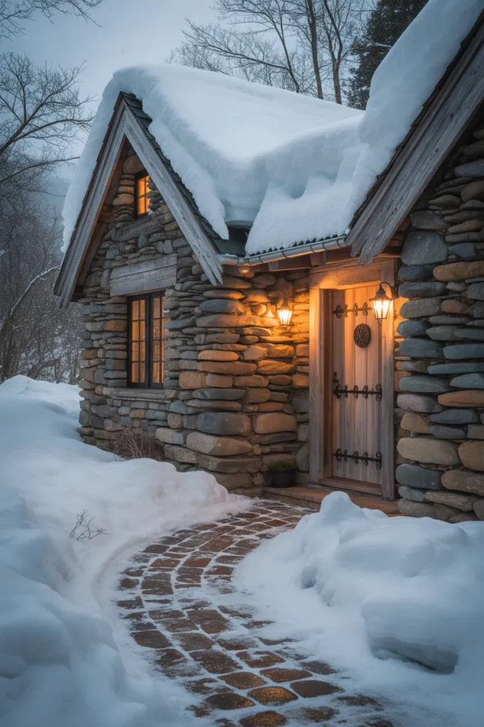 Rustic Stone Cabin with Snowy Pathway