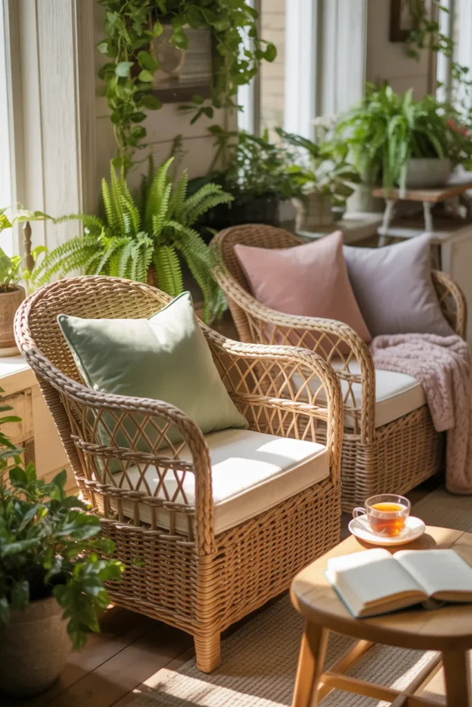 Woven Rattan Chairs with Cushions