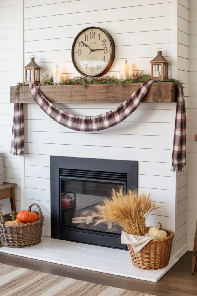 Farmhouse Fireplace with Plaid Touches