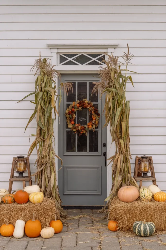 Harvest Porch with Cornstalks and Hay Bales