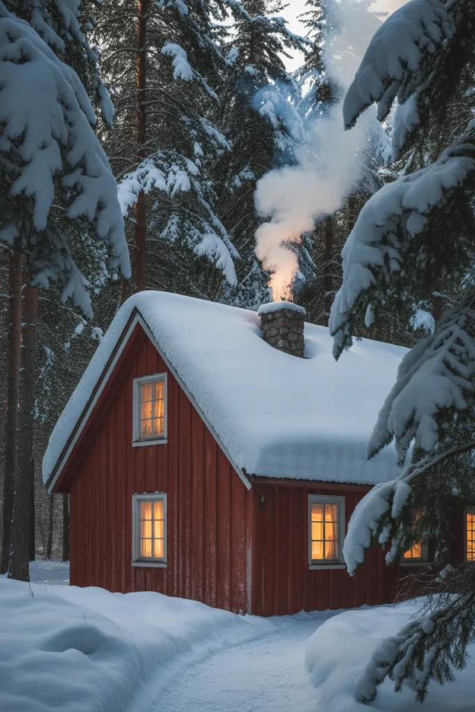 Red Cabin with Snow-Covered Roof