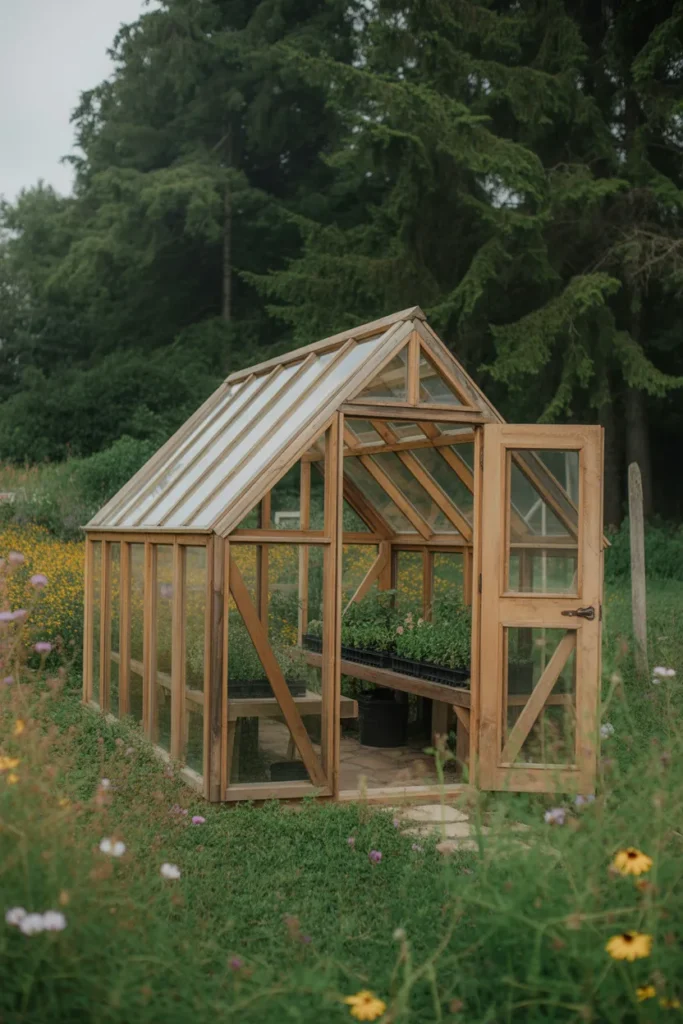  Rustic Wooden Greenhouse Surrounded by Wildflowers