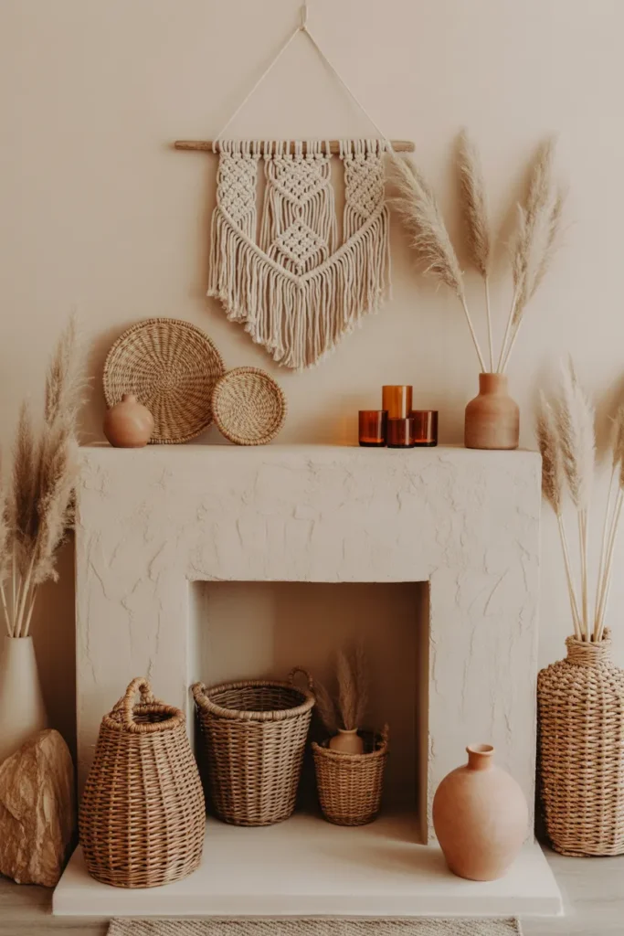 Boho-Inspired Fireplace with Earthy Tones