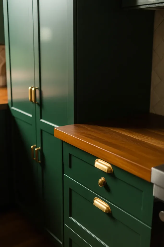 Forest Green Cabinets with Natural Wood Accents