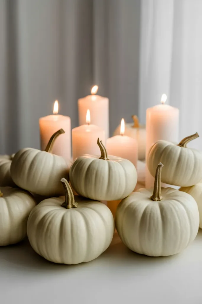   White Pumpkins with Soft Candle Glow