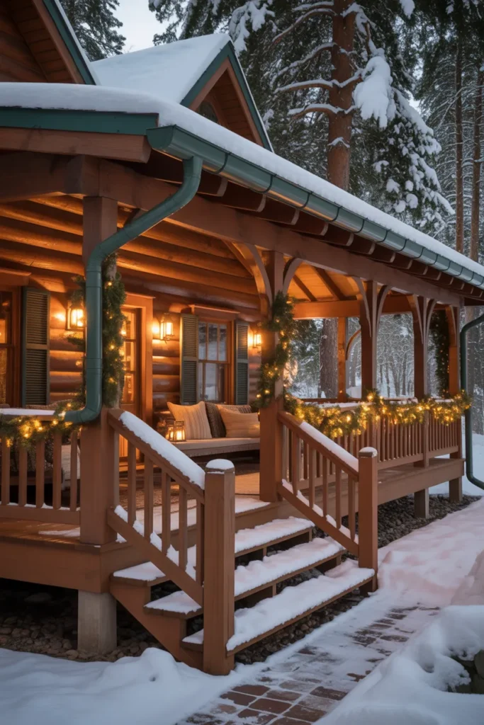 Cabin with Wraparound Porch and Winter Decor